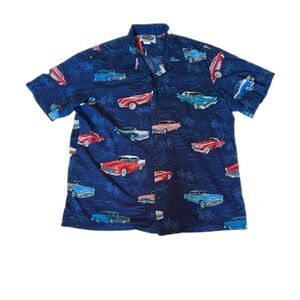 Hawaiian Islands Brand Mens XL Aloha Shirt Classic Cars Navy Blue Tropical